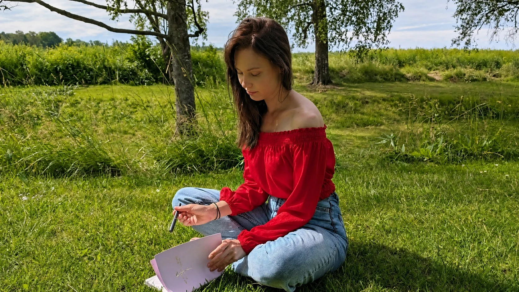 Erin sitter i gräset under ett träd och skriver