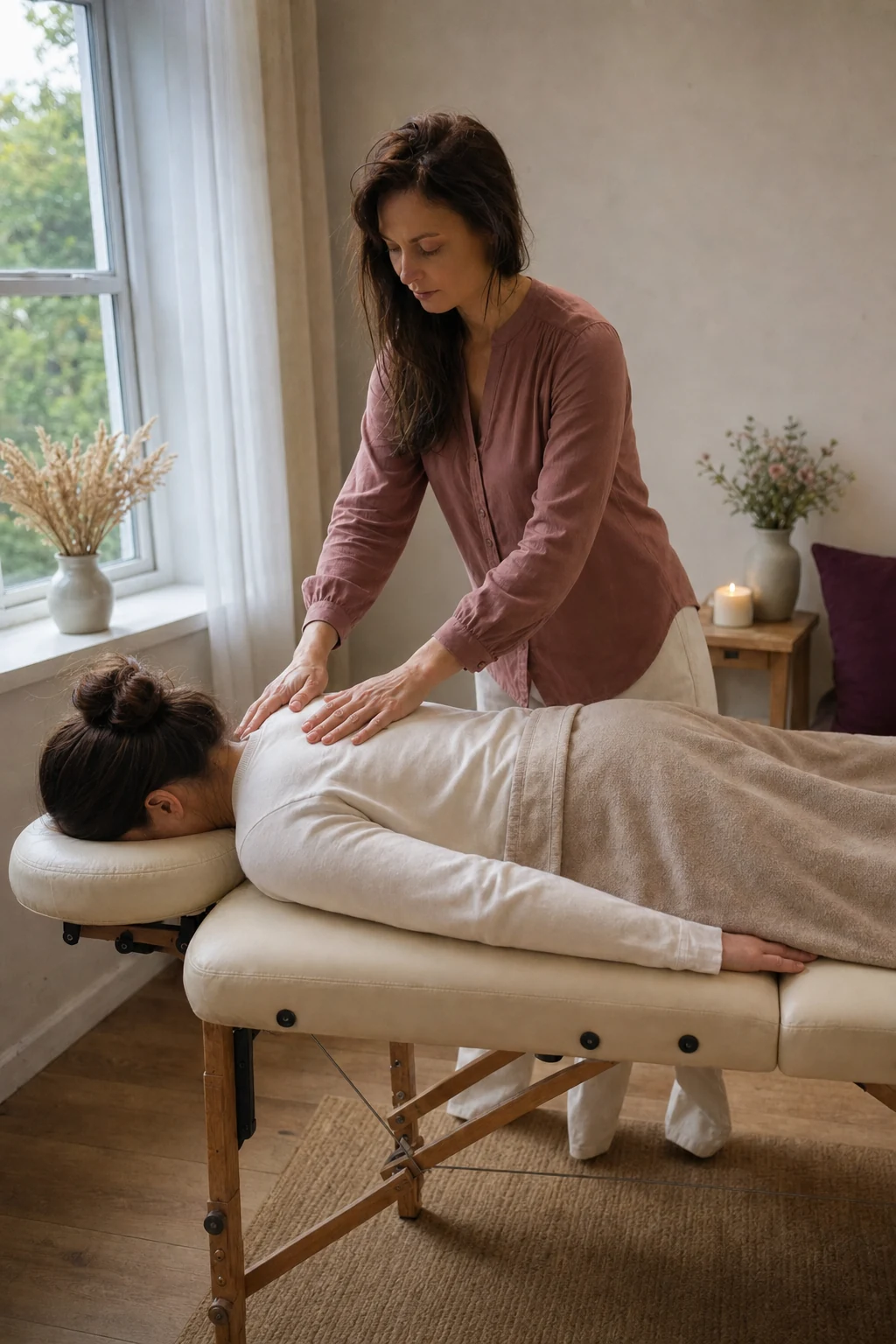Erin ger en kvinna massage vid en tydligt synlig massagebänk